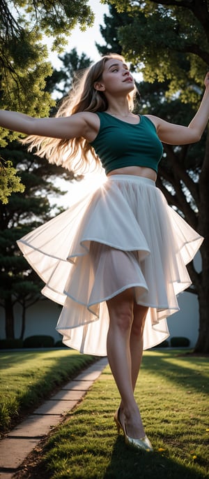 A graceful young woman wearing a delicate tulle skirt and a simple fitted top, spinning playfully in a blooming garden. The layers of tulle in her skirt create a dreamy, fairytale-like effect as they twirl with her movement. The camera captures her from a low-angle shot with a 35mm lens, emphasizing the volume and flow of the skirt as she spins. The lighting is soft, with golden sunlight filtering through the trees, creating a magical atmosphere, ek_ph0t0_b00ster