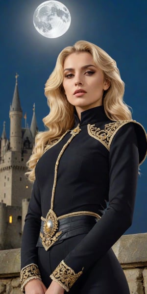 Elegantism, opulent scene, full portrait of a Victorian lady, heroic, black clothes, gold trim, full moon, castle, head and shoulders portrait, 8k resolution. (masterpiece, top quality, best quality, official art, beautiful and aesthetic:1.2), (1girl:1.4), upper body, blonde hair, portrait, extreme detailed, in the style of esao andrews,style,oil paint ,concept,fantasy