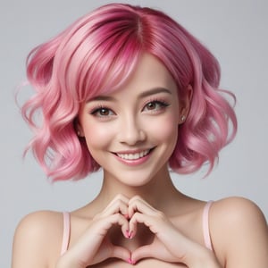 A woman with dyed pink hair, forming a heart with her hands, looking and smiling at the viewer, her head tilted slightly to one side