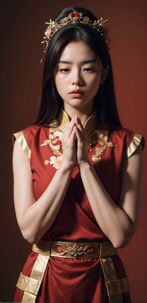 A Chinese ancient beauty is praying, with hands clasped together, eyes closed in silence, wearing a solemn yet beautiful expression, Red Background