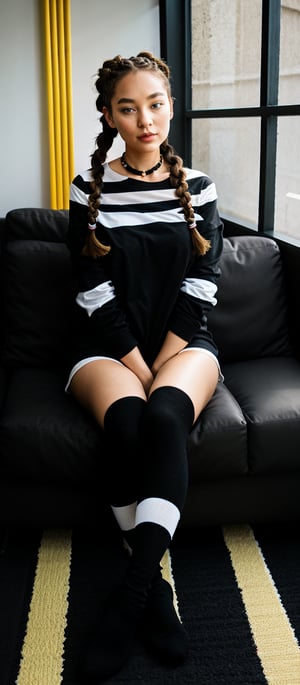 1girl, solo, braid, black_hair, looking_at_viewer, sitting, twin_braids, wariza, striped, shop, long_hair, thighhighs, collar, long_sleeves, black_footwear, indoors, closed_mouth, between_legs, shirt, choker, black_thighhighs, thigh_strap, shoes, collarbone, hand_between_legs, black_shirt, grey_eyes, striped_shirt, dress