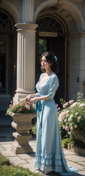 In the heart of an enchanted garden, a woman with cascading curls of midnight black tends to the flowers with gentle care. Her skin is as pale as the petals she lovingly tends, and she wears a simple dress of azure blue, tied with a sash of silver that glimmers in the sunlight.