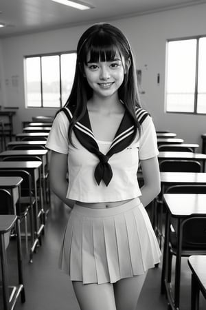 girl standing in school classroom,sailor shirt,micro mini skirt,18-year-old,bangs,a little smiles,thighs,crotch,knees,short cut hair,ponytail,from below,acjc