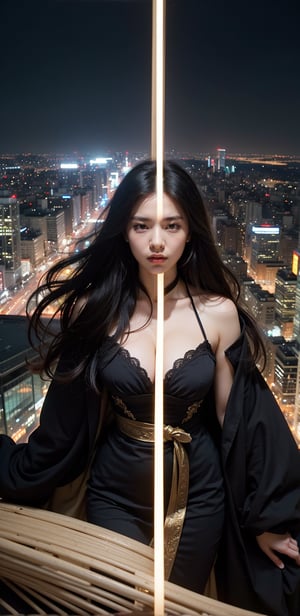 Best quality, Masterpiece, 超高分辨率, (photograph realistic:1.4), surrealism, Dream-like,fusionart, AI Goddess,Ten thousand swords plunged into the ground,Background: Chang'an City that Never Sleeps,Robe Hanfu,A glimpse of amazement