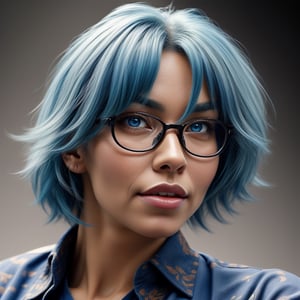 masterpiece, best quality, 8k,masterpiece, (masterpiece, best quality, high resolution), Color paint background（(acrylic paint, (splash of color, splash ink, splash of color)） ,  Detailed skin texture, Detailed fabric texture, beautifull detailed face, intricate details, Super detailed, Portrait of Rei Ayanami, blue hair, blue eyes, wear glasses（focus）,head tilt,super huge 