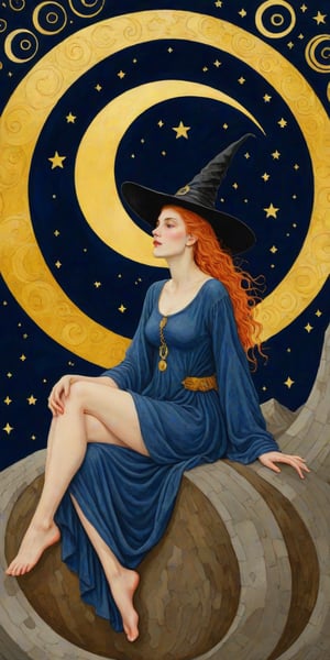 (masterpiece, top quality, best quality, official art, beautiful and aesthetic:1.2), (1girl:1.4), extreme detailed, a witch sitting on a crescent moon through a starry night, captured in the detailed gouache style of Hieronymous Bosch and Klimt,art_booster