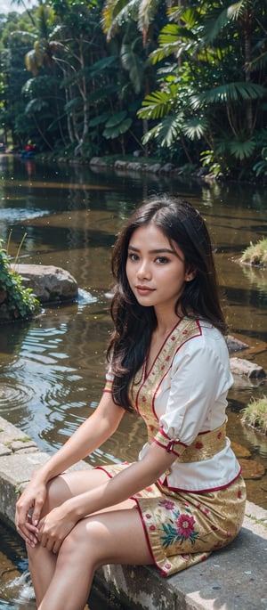 8K HDR image of a beautiful woman with long hair wearing traditional Indonesian kebaya, sitting beside a flowing river. Ensure the surroundings depict a picturesque,