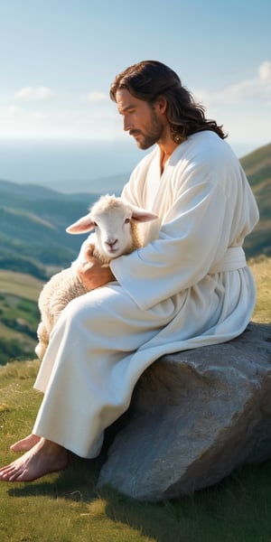 Jesus wearing a simple and clean white robe. sitting on the rock and hug a lamb , full_body, peaceful expression, (holy light behind Jesus's head), blue sky, sheeps on green land, Ultra detail face, beautiful glowing effects, sparkle effects, realistic body proportions, complex masterpiece,  (full shot:1.5), front shot, complex physics, enhanced colors, ultra detailed raytracing reflections,