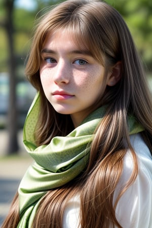 1girl, solo, long hair, looking at viewer, auburn hair, freckles, green eyes, portrait, realistic, green silk headscarf around face