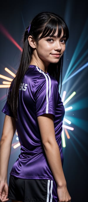 1girl, solo, long hair, looking at viewer, smile, bangs, shirt, black hair, hair between eyes, closed mouth, purple eyes, upper body, short sleeves, hand up, blue shirt, red shirt, index finger raised, finger to mouth, smug, soccer uniform, water drop, light particles, stunning image, wallpaper quality, holograpic, masterpiece, light particles, \(perfect anatomy\)