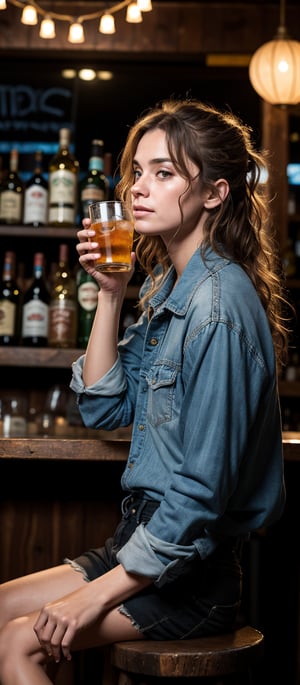 Intimate portrait, sideview, of a beautiful 30 year old womandrunk, sitting on a stool drinking at a bar, slender build, dissheveled, wrinkled clothing, soft features, long messy hair, staring vacantly off camera as she finishes her drink, worried expression. The only light comes from behinder her from the golden bar lights hanging at the top of the bar. Background is a slightly blurry background of a wooden bar in a honky-tonk