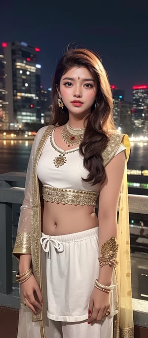 beautiful cute young attractive Indian teenage girl, City girl, 20 years old, cute, Instagram model, long brown_hair, colorful hair, warm, dacing, in city night ,1girl,pov,photorealistic, Indian Woman, tradition , Indian, Indian tradition,Woman ,Indian , white  pant