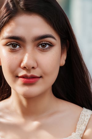 hyper-realistic 8k, young beautiful pakistani girl, detailed eyes, sensual eyes, brown colored eyes, light freckles on face, red nose, dimples on the cheek, sexy lips, parted lips, dark red lipstick, long hair, short dress, smirk, pakistani origin girl, cute face, perfect face symmetry
 