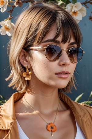 1girl, short hair, blue eyes, earrings, simple background, flower, upper body, hair flower, orange-tinted eyewear, sunglasses, necklace, jacket, closed mouth, floral print, bangs, blonde hair, white hair, makeup, round eyewear, piercing, details, realist skin, skin detailed, underboobs, tatoos,art 