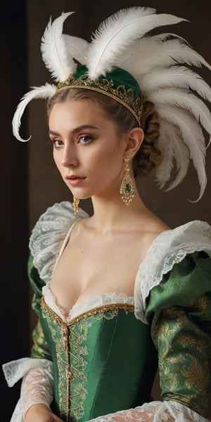 An artistic full-length portrait of an elf girl with pointed, long ears, wearing a 17th century brocade dress with a tight bodice and puff sleeves, her hair tied up high, decorated with jewels and feathers, wearing Wearing a lace cap, curled over the face. Detailed minimalist digital artwork with low-key lighting, ultra-wide, high-angle views