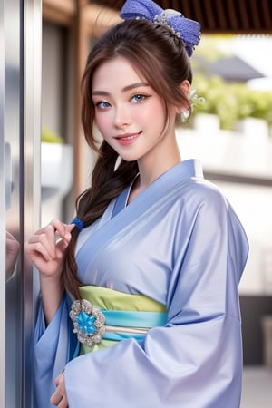 My cute girlfriend is a kimono model.、blue eyes、Beautiful smile、he is short、Silver-haired braid、hair ornaments、Colorful and flashy kimono、,dream_girl,baifernbah