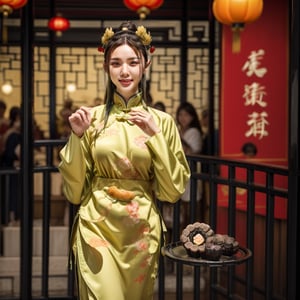 1womanl, 20yr old,((Chinese female celebrity)),The lens is shot from top to bottom,Chinese costumes,Gorgeous,the night,Ancient Chinese architecture,Chinese elements,Wooden dining table,((Mid-Autumn Mooncakes)),candlestick,Candle,lantern,,baifernbah