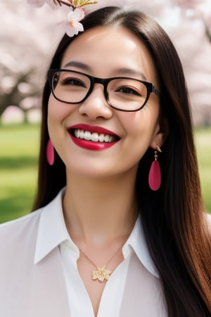 1girl, solo, long hair, looking at viewer, smile, random colour hair, shirt, brown eyes, jewelry, earrings, outdoors, parted lips, glasses, teeth, lips, cherry blossoms, portrait, realistic, nose, branch