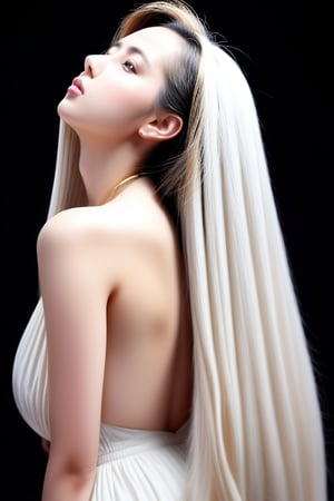 best quality, masterpiece, Long hair, gold eyes,white clothes, looking up, upper body, hair strand, Fair skin, side braids, sexy pose, full_body, from_side , head turning to viewer, (black background : 1.2)