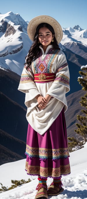 A graceful young woman wearing traditional Andean attire, standing at the edge of a snowy mountain peak. She is dressed in a handwoven wool poncho with intricate geometric patterns, layered over a brightly colored skirt with delicate embroidery. Her wide-brimmed hat is adorned with feathers and woven details. The camera captures her in a medium shot with a 50mm lens, focusing on the vibrant colors of her traditional clothing against the stark white of the snow-covered mountains. The lighting is cool, with the early morning sun casting soft shadows on the snow. The image is in 6K resolution, bringing out the fine craftsmanship of her attire and the breathtaking expanse of the mountains, ek_ph0t0_b00ster