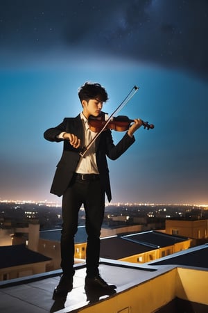 ((masterpiece, quality, wide photo angle)), boy, 30yo, standing on the roof of a building, solo, Vintage hairstyle, black hair, jas black, instrument, ((playing violin1.3)), real hands, night, stars, wind blows