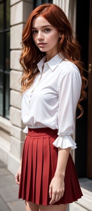 A beautiful young woman with wavy red hair and soft and delicate skin wearing a white blouse, a short pleated skirt