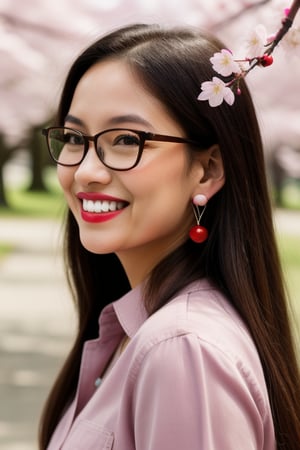 1girl, solo, long hair, looking at viewer, smile, brown hair, shirt, brown eyes, jewelry, earrings, outdoors, parted lips, glasses, teeth, lips, cherry blossoms, portrait, realistic, nose, branch