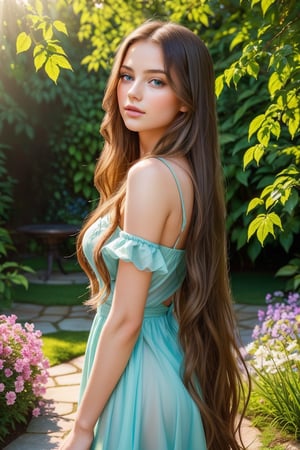 A girl with long, flowing hair (best quality, realistic:1.37), beautiful blue eyes, and luscious lips is standing in a vibrant garden. She exudes an air of confidence and sensuality, her pose suggesting a hint of seduction. The garden is filled with colorful flowers and lush greenery, creating a picturesque backdrop. The sunlight filters through the leaves, casting soft, warm rays on the girl's flawless skin. The scene overall has a dreamy and whimsical quality, reminiscent of a oil painting (masterpiece:1.2). The colors are rich and vibrant, with a slightly warm and romantic tone. The lighting is soft and gentle, enhancing the girl's natural beauty.

t,Extremely Realistic
