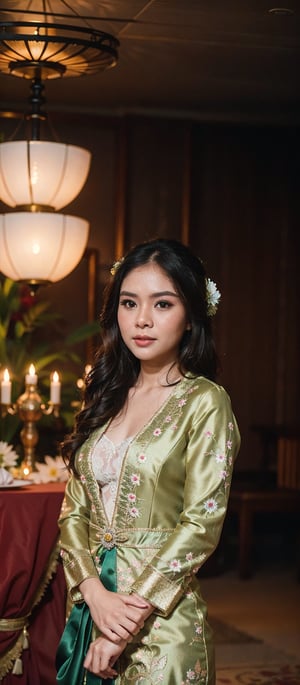 Create a photorealistic masterpiece of a beautiful woman with long hair wearing traditional Indonesian kebaya attire. Set her against a dark, wedding altar with a captivating glow in the background and bokeh effect. Ensure the image quality is 8K with ultra-realistic details.,kebaya