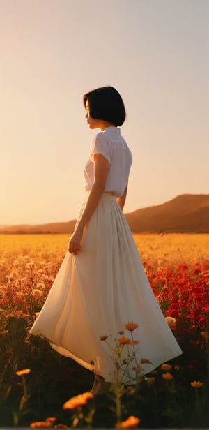 1girl, solo, short hair, black hair, White long skirt,whole body, flower, redscale, profile,sunset,movie mood,Beautiful