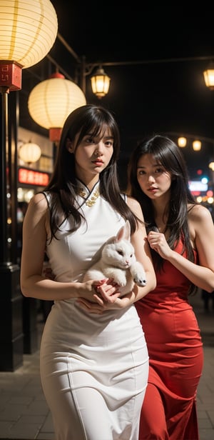 Two beautiful girls, holding a rabbit, white_skin, black-hair, very long hair, Good figure, 
Wear the light color traditional dress of the Han Chinese people, 
Background is Lantern Festival, many lantern,red light.