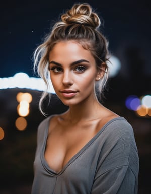 photo of a gorgeous girl, messy bun hair, nighttime, sexy
