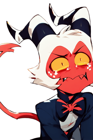 score_9, score_8_up, score_7_up,moxie2,long sleeves,1boy,bow,tail,yellow eyes,white hair,male focus,horns,teeth,bowtie,colored skin,black pants,sharp teeth,demon horns,demon tail,furry,colored sclera,red skin,yellow sclera,demon boy,syuro,aquacrying, wavy mouth, closed mouth,tearing up