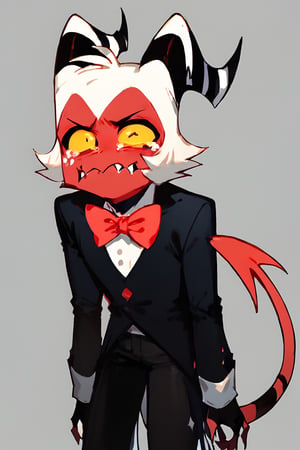 score_9, score_8_up, score_7_up,moxie2,long sleeves,1boy,bow,tail,yellow eyes,white hair,male focus,horns,teeth,bowtie,colored skin,black pants,sharp teeth,demon horns,demon tail,furry,colored sclera,red skin,yellow sclera,demon boy,syuro,aquacrying, wavy mouth, closed mouth,tearing up,dark theme,Expressiveh,concept art