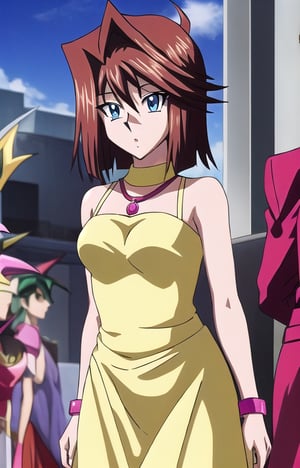 Tea gardner yugioh dsod hair brown long dress red ,  blue eyes ثدي متوسط 
فستان أحمر 