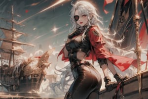 A striking woman with tanned skin and silver locks stands at the bow of a rustic pirate ship, basking in warm sunlight. She confidently holds a cutlass in one hand, her bold red lips painted into a sly smirk. An eyepatch covers her right eye, adding to her rugged charm. Her vibrant red left eye gleams against dark bags under her mature features. Leather gloves and thigh-high brown boots contrast with her dark skin, while the silver hair flows like a river down her back. Against a vast blue horizon, she stands alone, her pirate regalia - flowing white blouse and black pants - a testament to her unapologetic presence.