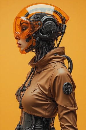 poster of A Brazilian punk cyberspace girl wearing orange Orenz style transparent glass helmet armor, with a crop top and jacket. She wears mecha armor, with black wires and tubes on her body, in profile view. The cyberpunk style in a dynamic action pose. The style is futuristic science fiction art with dark gray and light bronze elements, displaying hyper-realistic details. It has an illustrative quality with emphasis on the character's head being transparent. This design incorporates elements of the retrofuturistic and neo-porcelain style. n dynamic modeling pose, cinematic style, high resolution, high detail, high quality, high contrast, professional photography, professional lighting, accurate details, solid color background, masterpiece, best quality, high resolution, perfect art, best design award winner. hipster style