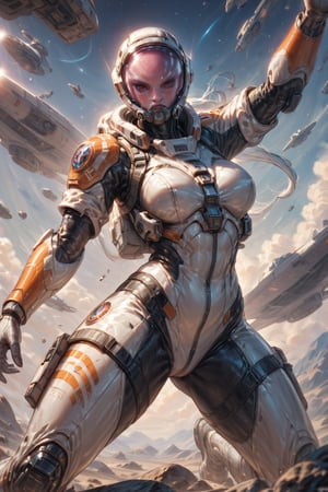 Score_9, Score_8_up, Score_7_up, shapely scifi girl in tight space suit, space helmet, action pose, space ray gun, exploring a future world alien planet Frank Frazetta --stylize 250.0