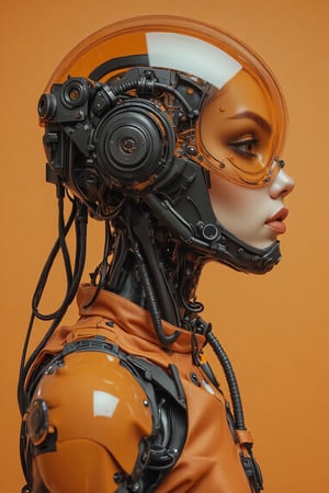 poster of A Brazilian punk cyberspace girl wearing orange Orenz style transparent glass helmet armor, with a crop top and jacket. She wears mecha armor, with black wires and tubes on her body, in profile view. The cyberpunk style in a dynamic action pose. The style is futuristic science fiction art with dark gray and light bronze elements, displaying hyper-realistic details. It has an illustrative quality with emphasis on the character's head being transparent. This design incorporates elements of the retrofuturistic and neo-porcelain style. n dynamic modeling pose, cinematic style, high resolution, high detail, high quality, high contrast, professional photography, professional lighting, accurate details, solid color background, masterpiece, best quality, high resolution, perfect art, best design award winner. hipster style