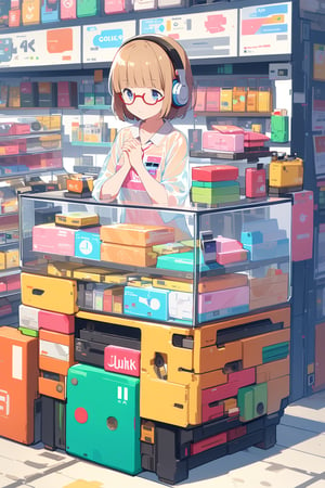 junk art, (extremely detailed fine touch:1.3), (((semi-rimless eyewear:1.3))), (headphone:1.2), short hair, blunt bangs, 1 girl, shirt, full body, own hands together, plastic, Transparent clothes, Electronics Store