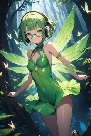 Masterpiece, extremely detailed miniature art, (super very short hair:1.3), blunt bangs, (((underrim glasses:1.3))), (headphones:1.3), smile, a hauntingly beautiful cute fairy jump flying in the forest. her vibrant and youthful features create a striking juxtaposition of ethereal beauty. tight latex fairy dress, short dress, sparkly wings.