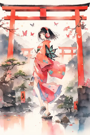 (extremely detailed fine touch:1.3),whimsical scene with bonsai, Japan, Torii, detailed girl looking back, (sexy kimono), walking in a strutting pose, with super very short hair, blunt bangs, underrim glasses, headphones, butterflies, created using junk art elements, with repurposed materials, found objects, and a sense of resourcefulness and creativity, in watercolor, with a devastated landscape