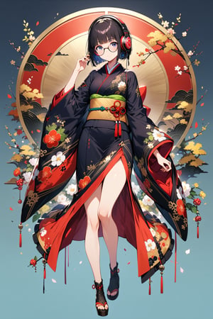 (extremely detailed fine touch:1.3), (((semi-rimless round eyewear:1.3))), (headphone:1.2), short hair, blunt bangs, 1 girl, full body, kimono, 