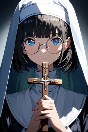 (extremely detailed fine touch:1.3), girl, solo, alone, 2.5d, (((silver semi-rimless round eyewear:1.3))), short hair, smooth hair, blunt bangs, front shot, Beautiful nun, Exquisite facial features,Meticulous portrayal,The eyes are sharply focused,Hands together,holding Beautiful Jesus cross, rim light,Glowing special effects, mist of light, Pure black background
