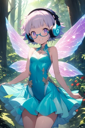 Masterpiece, extremely detailed junk art Anime, (super very short hair:1.3), blunt bangs, (((underrim glasses:1.3))), (headphones:1.3), smile, a hauntingly beautiful cute fairy jump flying in the forest. her vibrant and youthful features create a striking juxtaposition of ethereal beauty. tight latex fairy dress, short dress, sparkly wings.