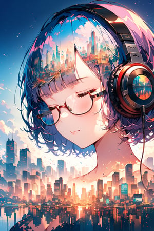 Double Exposure (extremely detailed fine touch:1.3), (((semi-rimless eyewear:1.3))), (headphone:1.2), short hair, blunt bangs, 1 girl, solo, (from front shot:1.3), nude, closed eyes, medium breasts, cleavage, The backdrop is a hyper-detailed tokyo city perfect for, Beautifully, Intricate illustrations, 