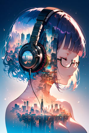 Double Exposure (extremely detailed fine touch:1.3), (((semi-rimless eyewear:1.3))), (headphone:1.2), short hair, blunt bangs, 1 girl, (from front:1.3), nude, closed eyes, medium breasts, clavicle, cleavage, The backdrop is a hyper-detailed tokyo city perfect for, Beautifully, Intricate illustrations, 