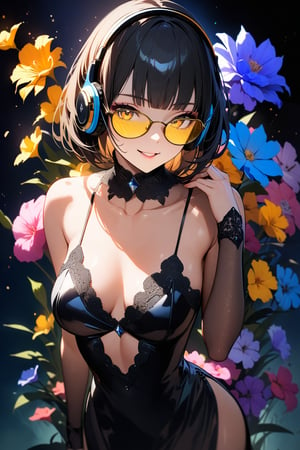 ((top-quality)), ((​masterpiece)), ((ultra-detailliert)), (extremely delicate and beautiful), Digital art, (beautiful flower decorative painting:1.3), 1 girl, smile, BREAK (((yellow glasses:1.3))), (headphone:1.2), shiny hair, black short hair, blunt bangs, lustrous skin, standing, (higher ditailed black cabaret dress:1.3), beautiful collarbone, elegant, holding  pouch, light darkness background, sexy lips, master's work, abstract flower art, flower background,