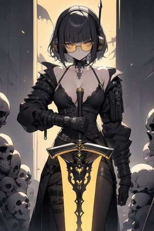 Masterpiece, best quality, extremely detailed, Gothicpunk, girl, Black and White, warrior, holding planted glowing sword, (((yellow under-rimmed glasses:1.3))), short hair, blunt bangs, headphone, medium breasts, clavicle, cleavage, Standing in honor, skull and crossbones background, 