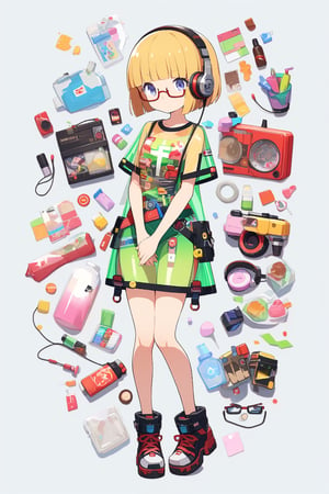 junk art, (extremely detailed fine touch:1.3), (((semi-rimless eyewear:1.3))), (headphone:1.2), short hair, blunt bangs, 1 girl, shirt, full body, own hands together, plastic, Transparent clothes,